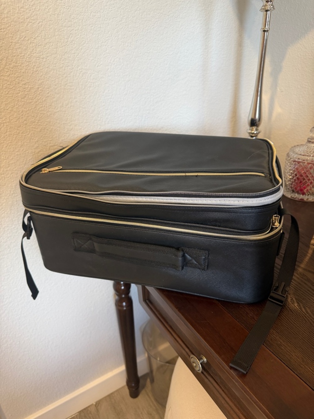 Black Cosmetic Travel Case with Gold Zippers
